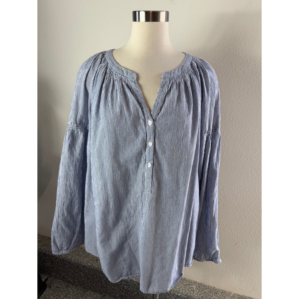 J Jill Women Plus 4X Blue White Striped Linen Blend Split Neck Tunic Blouse Top